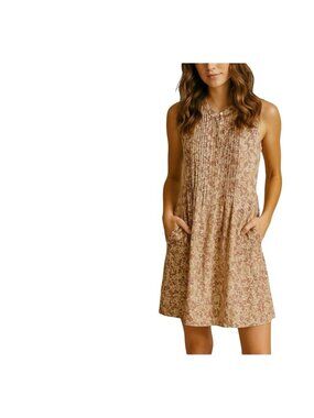 Faherty Womens Button-Front Floral Dress In tan & White Linen Blend Short Slv  M